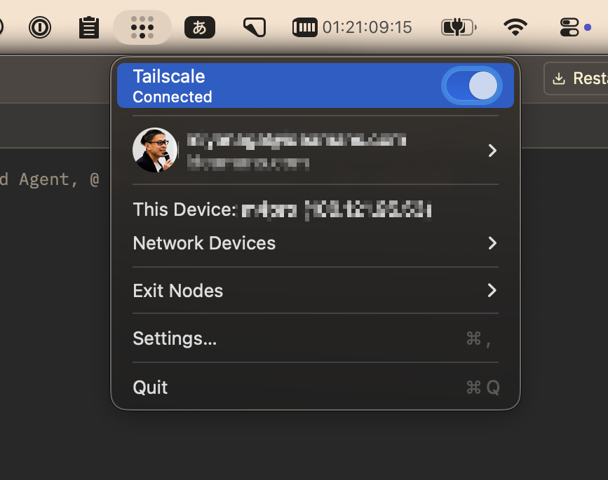 MacのメニューバーからTailscaleの接続状態を確認できる。「Connected」と表示されており、Network Devicesからtailnetのノードにアクセスできる