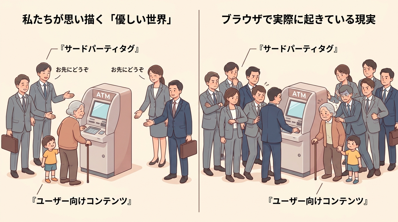 左:ビジネスマン(サードパーティタグ)がお年寄りや子ども(ユーザー向けコンテンツ)に端末を譲る「優しい世界」。右:1台の端末(シングルスレッドのメインスレッド)に全員が行列を作り、列の大半を占めるイライラしたビジネスマンに混じってお年寄りや子どもも待たされる現実