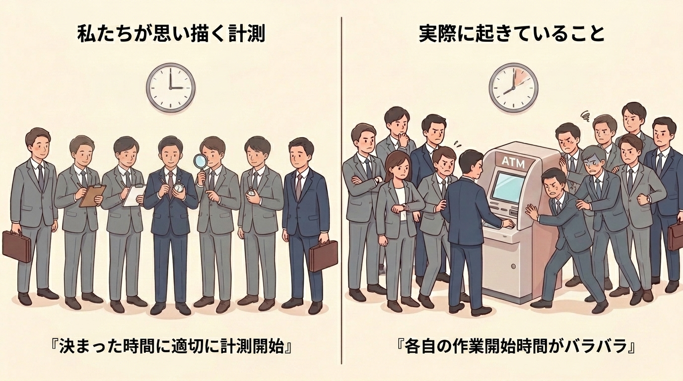 左:決まった時刻にサードパーティタグがいっせいにメモや観察などの計測作業を始めるという私たちのイメージ。右:1台のATMを奪い合い、各自の作業開始時間がバラバラになっている現実